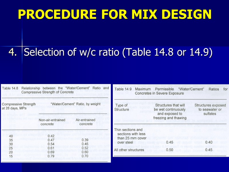 PROCEDURE FOR MIX DESIGN Selection of w/c ratio (Table 14.8 or 14.9)